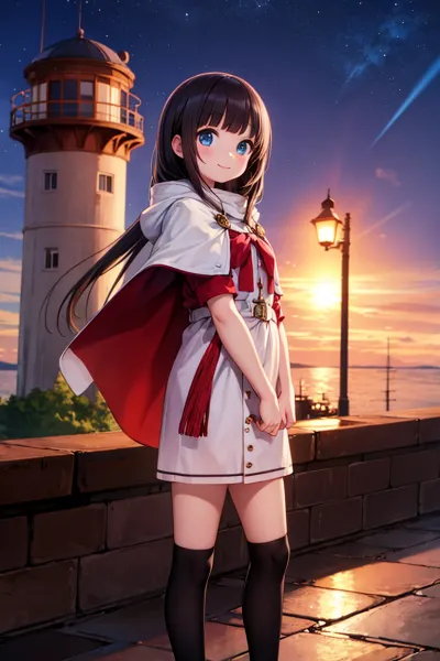 灯台と少女と夕暮れ