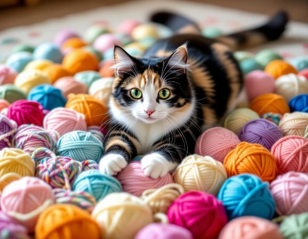毛糸玉の海で遊ぶ猫 - Cat playing in a sea of ​​yarn balls