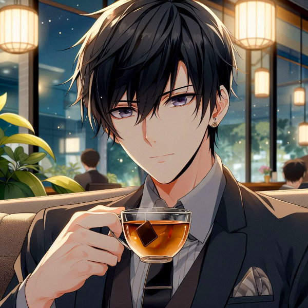 休暇に、紅茶を飲む黒髪短髪男性～その1(20枚)