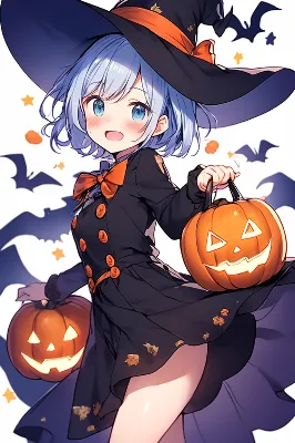 光るカボチャを抱えて飛ぶ小さな魔女