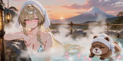 富士の湯に浮かぶ少女とカピバラの夕暮れ