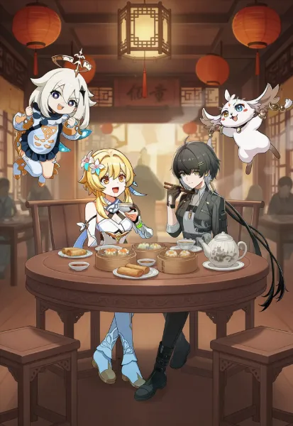 仲良く飲茶をする原神の蛍と鳴潮の漂泊者