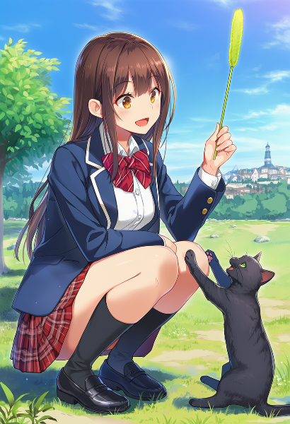 猫じゃらしで遊ぶ少女