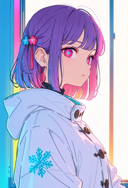 冬の窓辺に佇む紫髪の少女