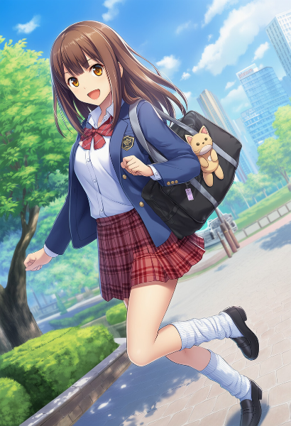猫のぬいぐるみと駆け出す制服少女