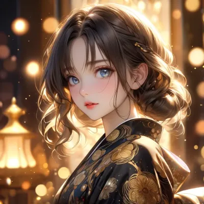 黄金の光を浴びる着物少女