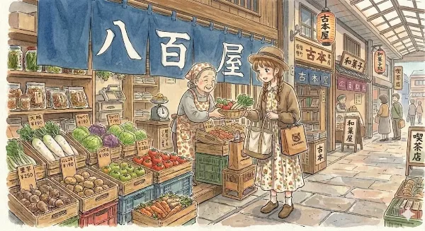 市場の小さな出会いと新鮮な贈り物。