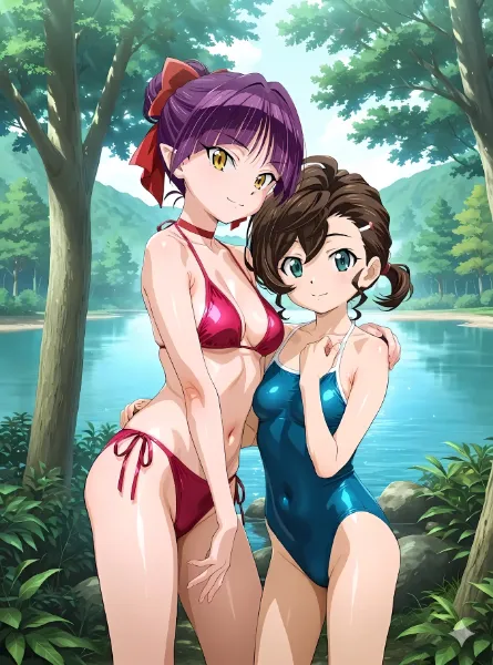 湖畔の輝く水着美女たち