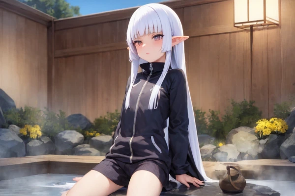 足湯につかるエルフさん