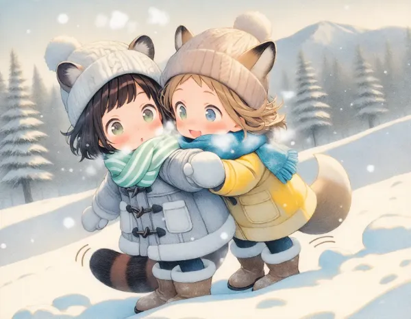コン子とポン子・雪が積もった