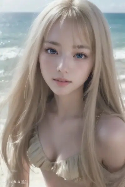 海辺で佇む金色の髪の少女