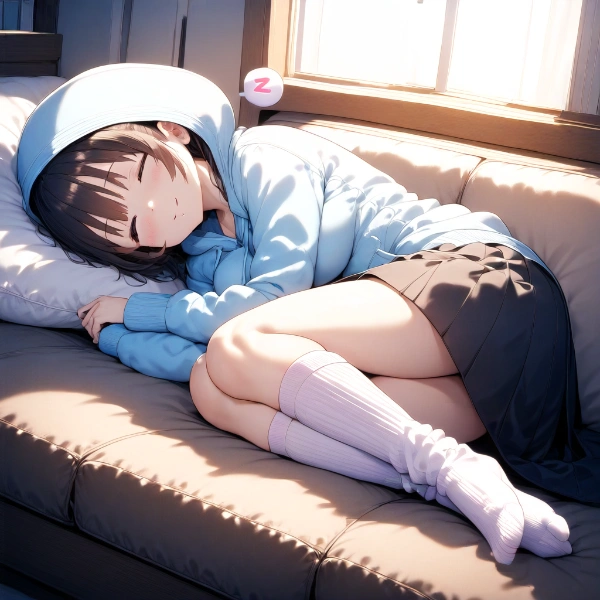 ソファで丸くなって眠る子