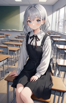 机に座って