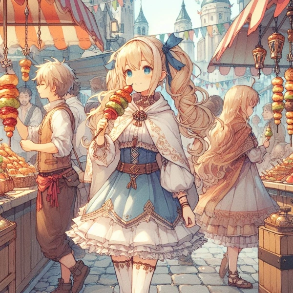 食べ歩きする金髪の少女