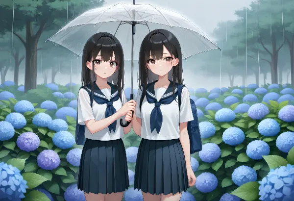 雨の紫陽花畑で傘をシェアする二人