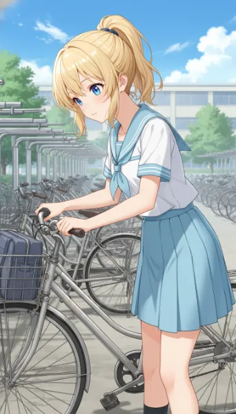 放課後の自転車置き場で振り返る少女