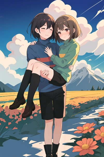 Frisk carrying Chara like a princess