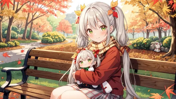 紅葉のベンチで姉妹の秘密の時間