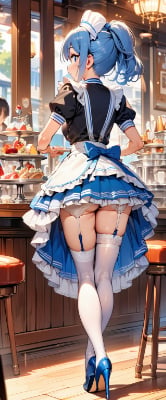 青髪ウエイトレスさんの後ろ姿
