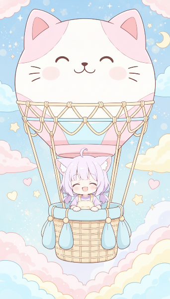 猫気球に乗る猫耳の女の子