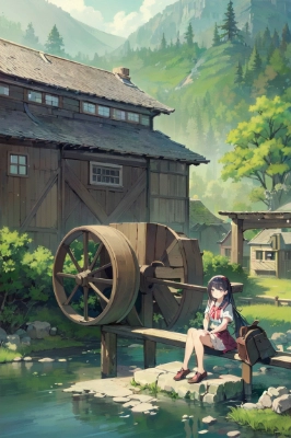水車のような何かがある風景