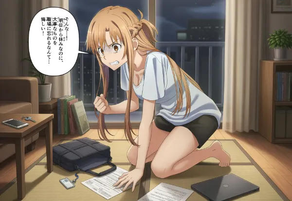 職場に忘れ物して悔しがるアスナ