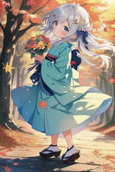 紅葉の中の和服美少女