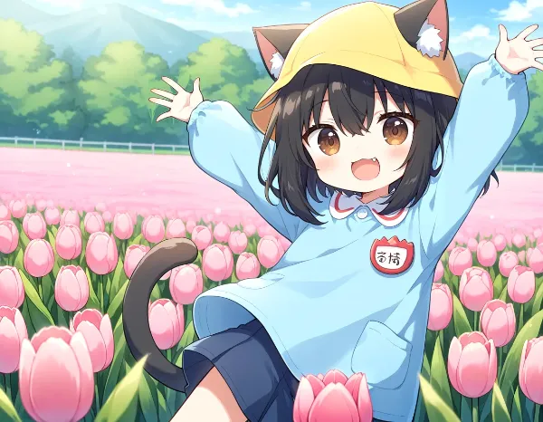 チューリップハットとチューリップ畑ニャ♪