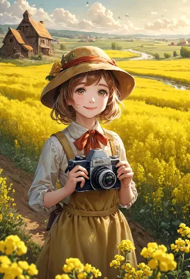 黄金の花畑でシャッターを切る少女