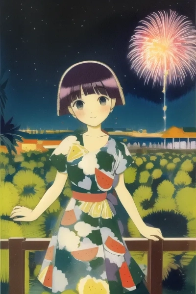 スイカとパイナップルの柄のワンピースを着た女の子