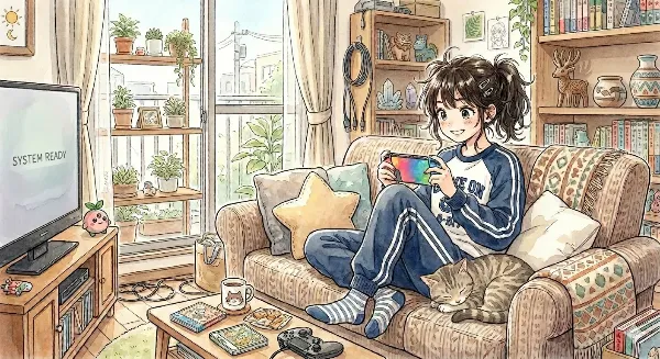 猫と一緒にゲームの休日。