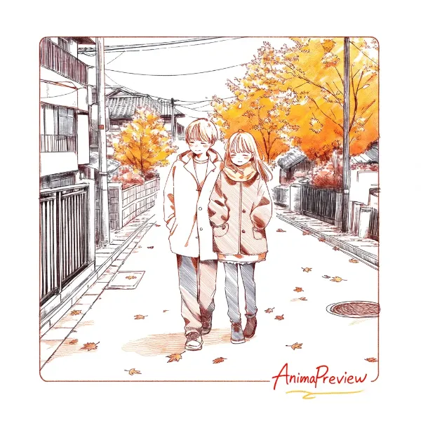 秋の路地を歩く二人