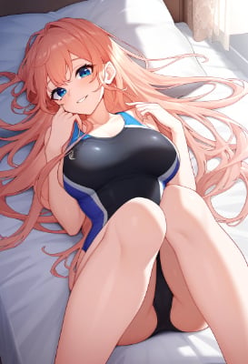 ベッドの上で寝そべる競泳水着の女