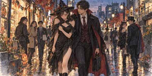 ハロウィンの街を彩る魔女と吸血鬼