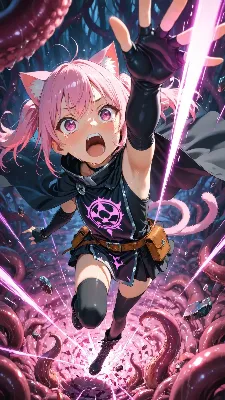 触手洞窟の激闘！猫耳少女の魔法戦