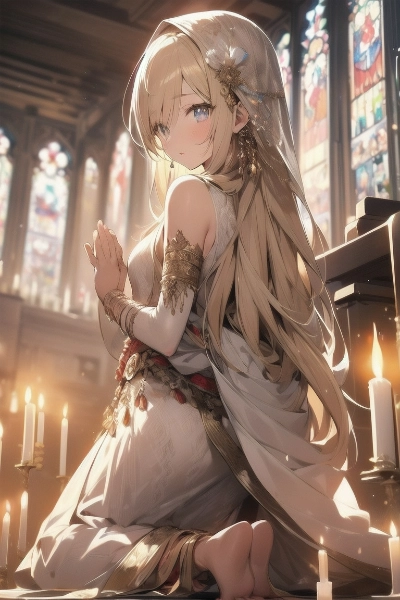 神殿で祈りを捧げる金色の髪の少女