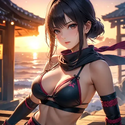 夕陽の海辺に立つ黒髪少女