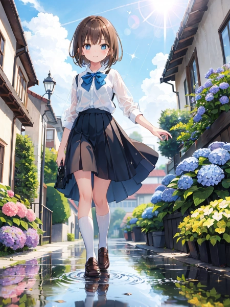紫陽花と水たまりと制服女子