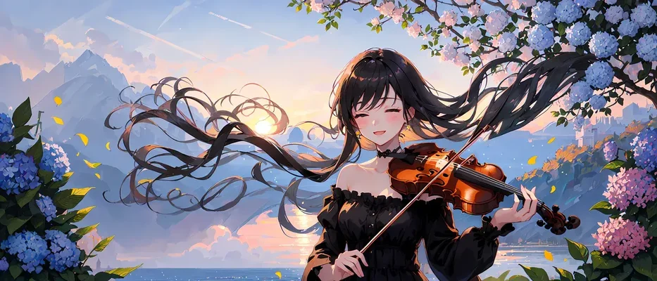 1 girl on water surrounded by hydrangea