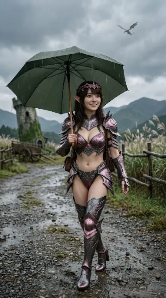 雨中のエルフ戦士とドラゴンの影