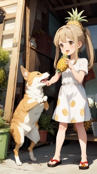 犬とパイナップルで戯れる女の子