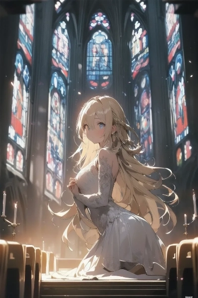 教会で祈りを捧げる金色の髪の少女