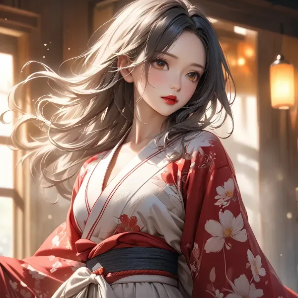 花風に舞う着物美女