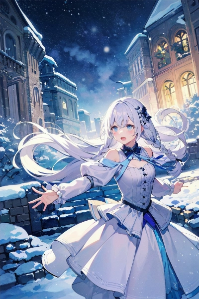 橋の上で雪と舞う