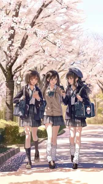 桜舞う道の三人娘の絆
