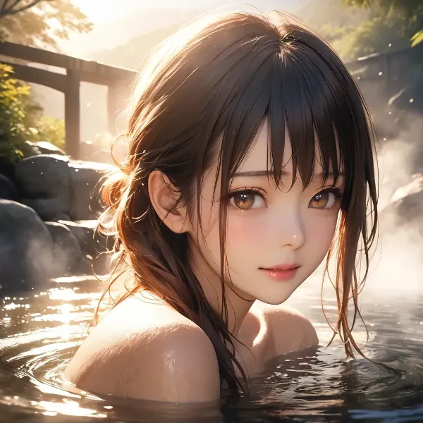 温泉に浸かる少女の微笑み