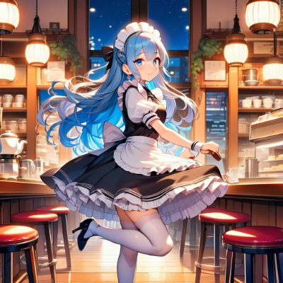 夜の青髪ウエイトレスさん