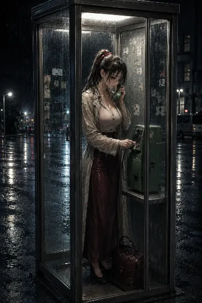 雨の夜、電話ボックスに立つ彼女