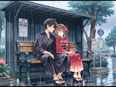 雨のバス停で寄り添う和装の二人