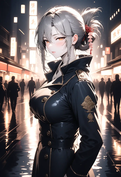 霓虹の夜を歩く銀髪の女警官